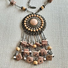 VTG VCLM Signed Boho Statement Medallion Necklace Peach Wood Bead Fringe Fringe