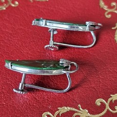 RARE Solid 14k White Gold Carved Spinach Green Jade Large Vintage Earrings