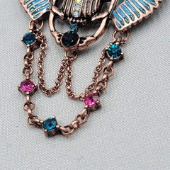 Egyptian Revival Scarab Brooch Copper tone Dangel Chains