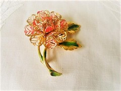 Vintage Pink White and Gold Tone Lacy Flower Pin Brooch With Green Leaves KJ