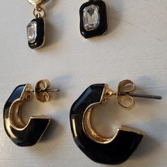2 Sets Of Vintage Black Enamel Gold Tone Earrings Gothic Dangle And Hoop
