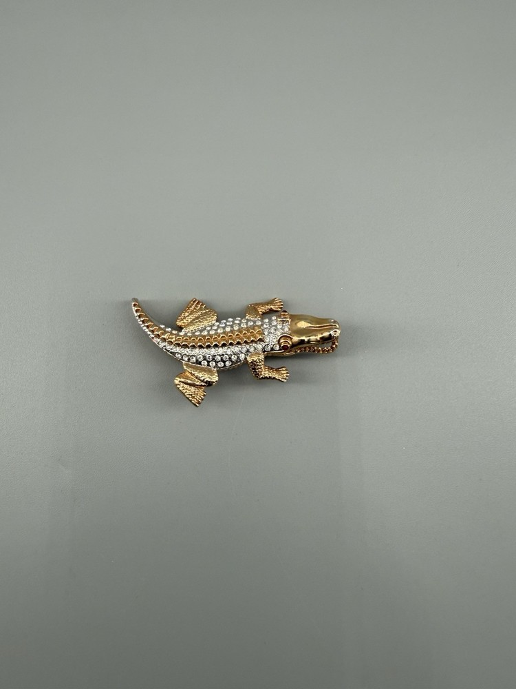 Vintage Gold Tone Alligator Crocodile Brooch Rhinestone Red Eyes Pin Open Mouth