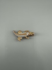 Vintage Gold Tone Alligator Crocodile Brooch Rhinestone Red Eyes Pin Open Mouth