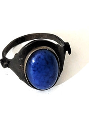 Vintage Blue Cabochon Plastic Glass Ring Dome Thin Metal Band 6.5