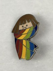 Vintage 1960’s Pinback Pin Brooch Little Cartoon Girl With Rainbow Scarf