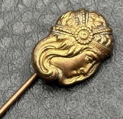 Vintage Art Nouveau Lady Face Stick Pin Gold Tone Brass Antique Victorian Era
