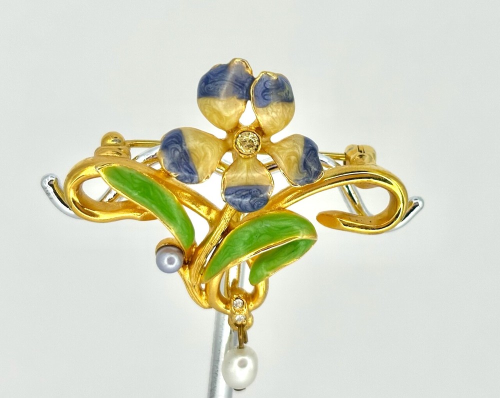 SIGNED JOAN RIVERS IRIS ART NOUVEAU FLOWER FASHION PIN,FAUX PEARL DANGLE,SPARKLY