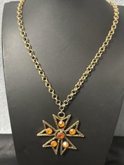Vintage Edlee Pendant Necklace Maltese Cross Rhinestone Starburst Gold Tone 30”