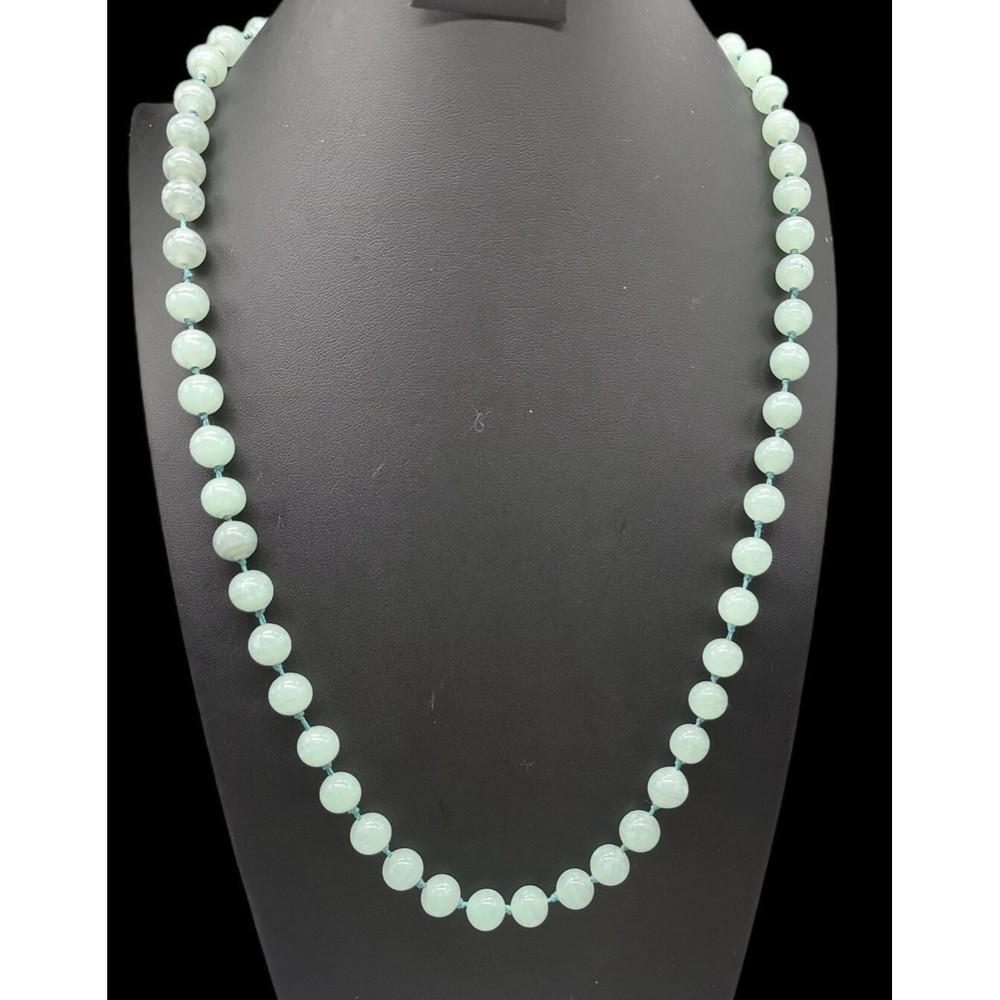 Vintage Les Bernard Signed Jade Bead Necklace Hand Knotted Barrel Clasp 34″