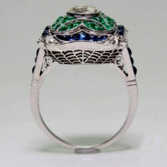 Vintage Emerald, Sapphire & Lab-Created Diamond Floral Engagement 925Silver Ring