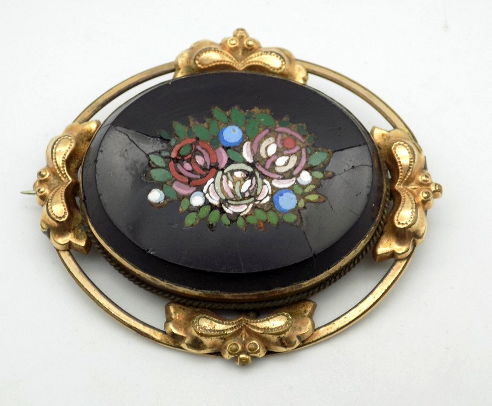 Antique Victorian Micro Mosiac Flower Brooch Gold Filled Black AS IS