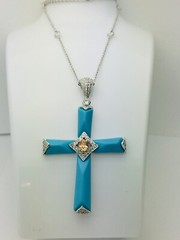 Signed JJJ Large Silver Tone Turquoise Cross Pendant Necklace 16+3” VTG New