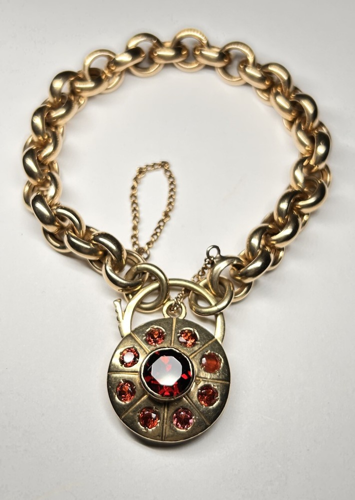 7” Vintage 9ct Yellow Gold Sweetheart Bracelet Garnet Sun Padlock Clasp 28.7g
