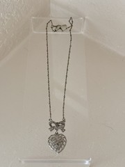 Vintage 1928 Heart And Bow Pendant Necklace Silver Tone Marcasite Accents 17”in