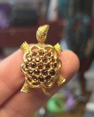 Adorable Green Eyed Turtle, Brown Rhinestone Back Goldtone Brooch