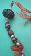 Vintage Lucite ROSE, AMBER STONE, Pink Cat’s Eye Beaded Necklace W/ Ribbon Tie