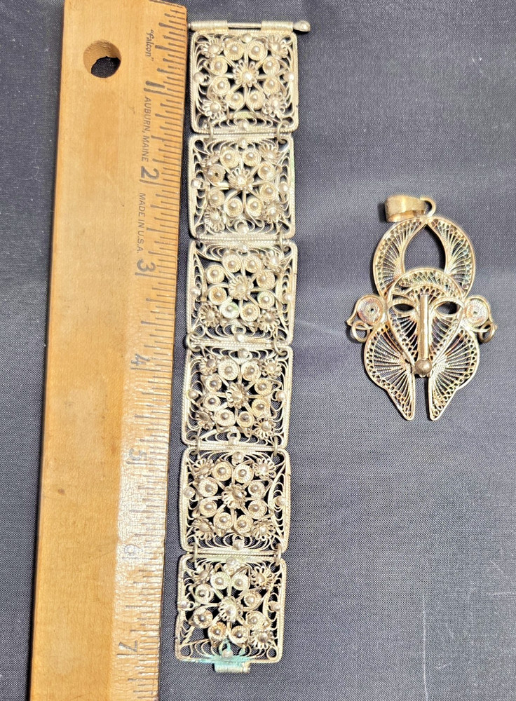 Vintage Silver Filigree Bracelet and Pendant From The 1970s / 1980s Lot of 2