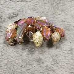 Vintage Continental Aurora Borealis Stone Brooch Leaf Spray Gold Tone