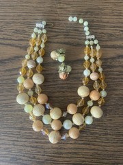 Vintage Japan 3 Strand Orange Cream Necklace And Clip Earrings