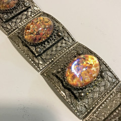 Vintage Large Art Glass Cabochon Braided Sterling Silver Bracelet Faux Fire Opal