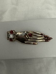 Vintage Hand Brooch Red & White Rhinestone Enamel Nails Figural Statement Pin