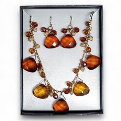 Chunky Classic Faceted Vibrant Amber Statement Everyday Necklace Earrings 19″