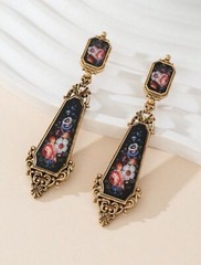 Vintage Floral Painting Victorian Style Dangle Earrings