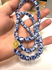 Chinese Export Blue White Porcelain Bead Necklace Gold Clasp Hand Painted Vintag