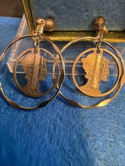 Estate Vintage Silver Pierced Double Hoop Mercury Dime cut out earrings 1935@43