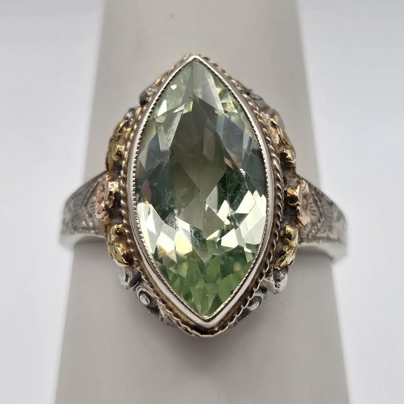 VTG La France 14K Tri-Tone Gold Lab-Created Glowing Green Spinel Ring 6.5 *READ