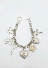 Vintage Silver Tone Chunky Charm Bracelet Heart Key Clover 8″ Cross Love Luck