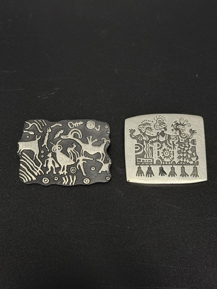Set of 2 Vintage ALICE NEELY Signed Urban Fetish Brooch Petroglyph Figure Pins