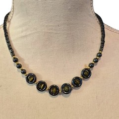 Vintage Necklace Hematite Black Gray Tiger Eye Beads Artisan Style 16″ SKU 2359