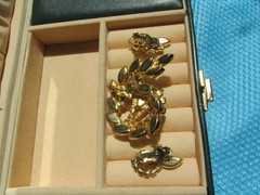 Vintage Clear Aurora Borealis Rhinestone Brooch and Clip on Earring Set Goldtone