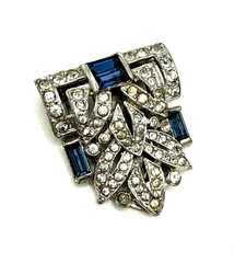 1930s CROWN TRIFARI Art Deco Alfred Philippe Dress Clip Blue Baguette Rhinestone