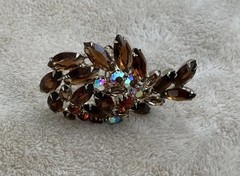 Vintage Brooch Amber Tones Navette AB Rhinestone Pin Layered Leaf Design 2.5 in.