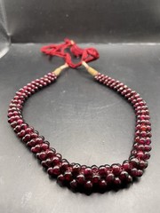 Vtg Almandine Garnet Bead Necklace Woven Rope Boho w Fabric Cord