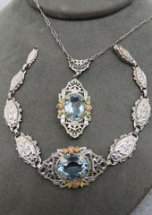Antique Necklace Bracelet Silver Filigree Purple Stones Rose Gold Accent Flower