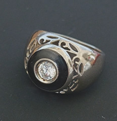 Chunky Silver Signet Ring Black Enamel Crystal Vintage Statement Domed Men Women
