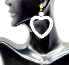 White Heart Open Center Bead Drop Dangle w Ball Stud Gold Tone Vintage Earrings