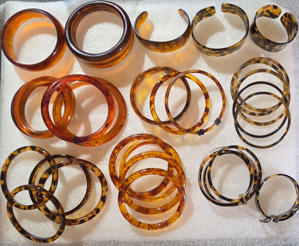 Vintage All Faux Tortoise Shell Lucite Old Plastic Bangle Cuff Bracelet Big Lot