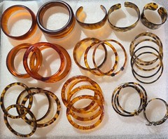 Vintage All Faux Tortoise Shell Lucite Old Plastic Bangle Cuff Bracelet Big Lot