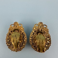 Vintage West Germany Clip On Earrings Gold Tone Filigree Floral Decal Rhinestone