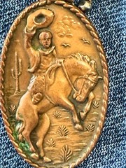 Bell Trading Post Vintage Copper Western Relief Cowboy Horse Pendant 1940s RARE