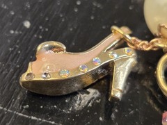 VINTAGE BETSEY JOHNSON PINK CORSET ENAMEL FINISH DANGLING CHARMS FAUX PEARLS…