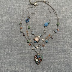 Betsey Johnson Triple Strand Necklace Beaded Multi Floral Heart Crystal Signed