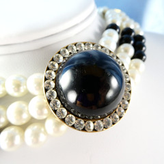 Vintage Faux Pearl Necklace Black White Beaded Multi Strand w/ Crystals