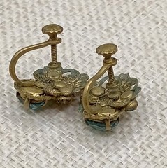 Art Deco Czech Aqua Blue Stone Earrings Flower Basket Gold Tone Screw Back