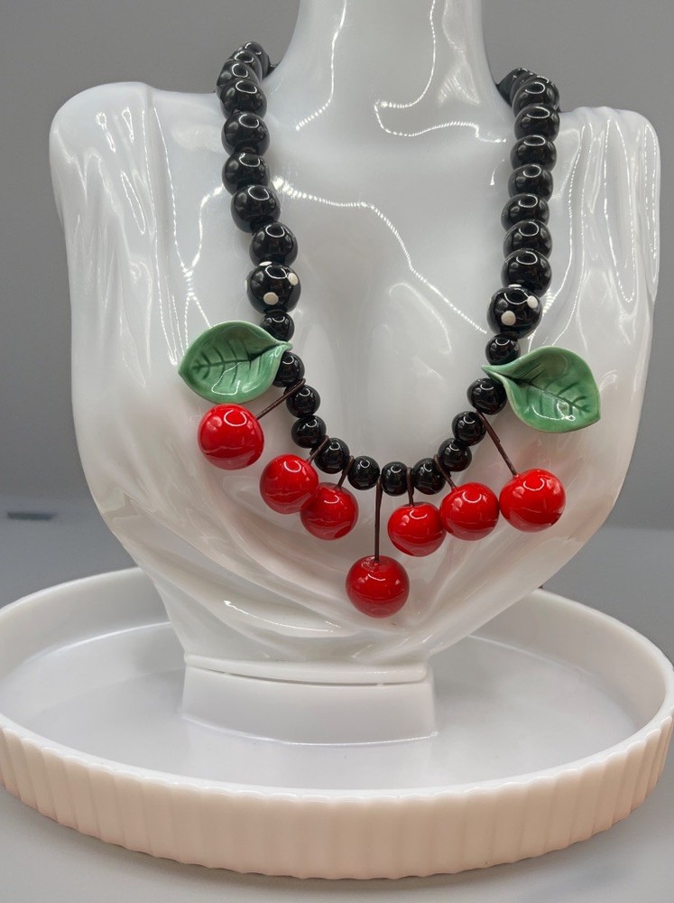Vtg Red Cherries Black Bead Necklace Rockabilly Pin-Up Flying Colors Choker 80’s
