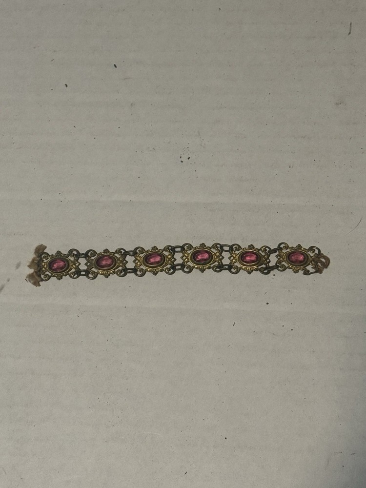 vintage Czechoslovakia filigree link bracelet pink stones No clasp